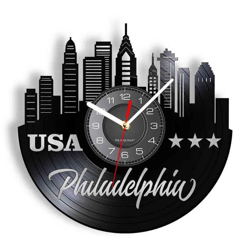Philadelphia Skyline Minimalist Wall Clock Philly Cityscape Artwork Vinyl Record Clock Wall Watch Pennsylvania Modern Home Decor H1230
