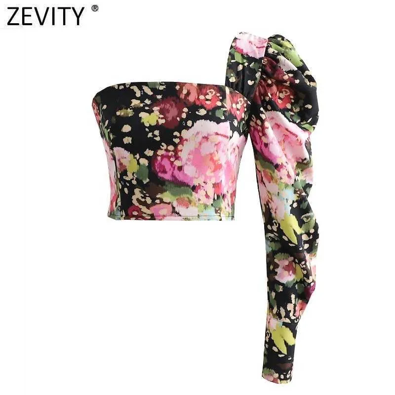 Zevity women Sexy Single Puff Sleeve Floral Print Slim Blouse Female Back Elastic Short Shirt Chic Short Blusas Tops LS9014 210603