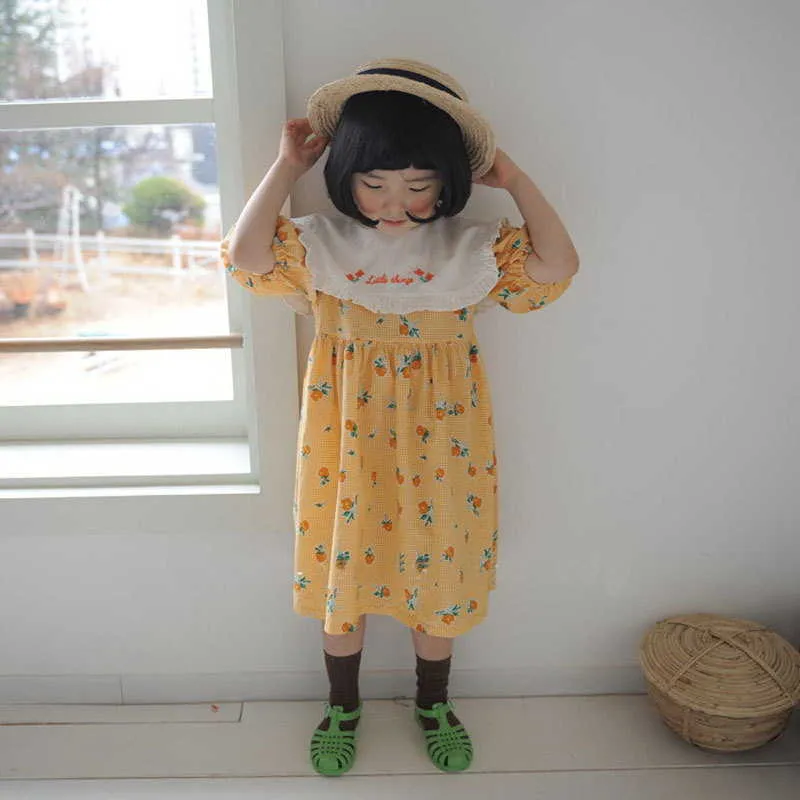 Koreański styl letnie dzieci dziewczyny sukienka żółty różowy kwiatowy krótkie rękawy francuskie obróć haft kołnierz 1-6 lat E36 210610