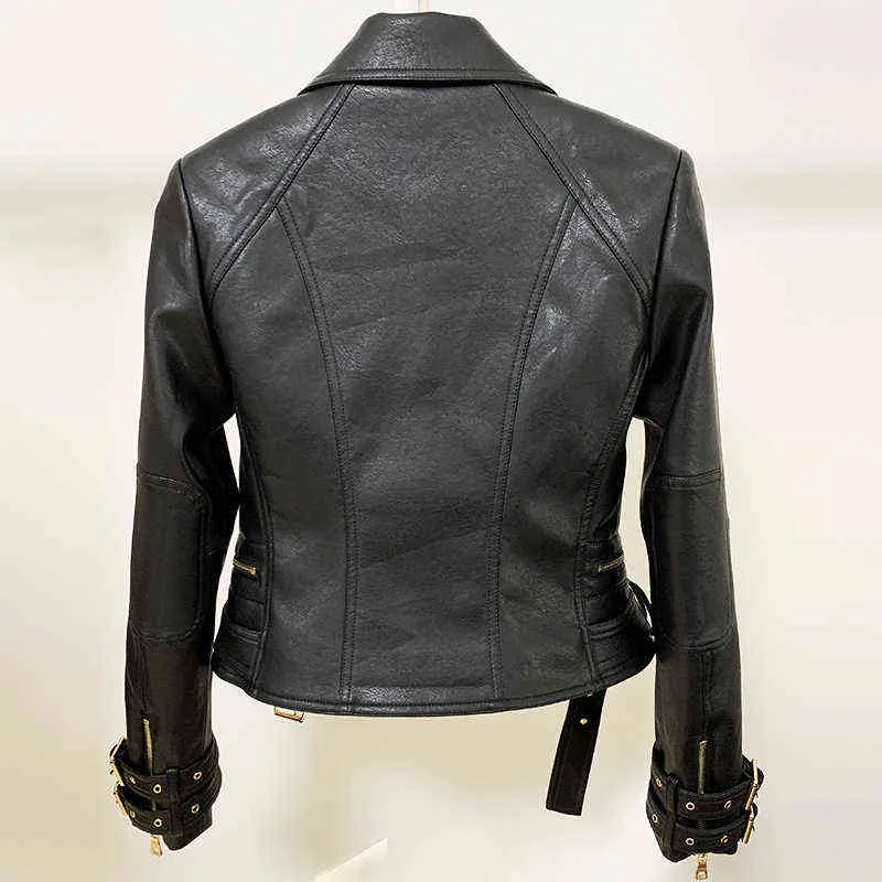 Veste de créateur High Street Boutons Lion pour femmes Double fermetures à glissière Moto Biker Veste en cuir synthétique 211130