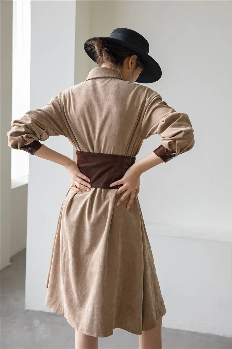Vestido marrón asimétrico de pana para mujer, solapa de primavera, manga larga, corsé de un solo pecho, minicinturón 210427