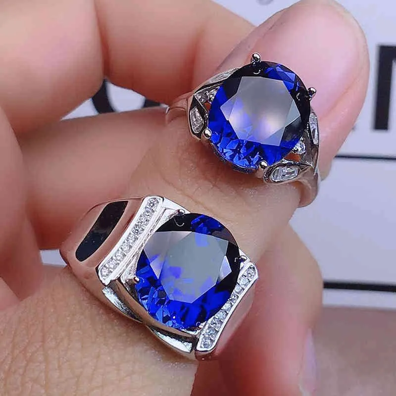 Blue crystal sapphire gemstones diamonds rings for men women couple white gold silver color jewelry bijoux bague wedding gifts305r