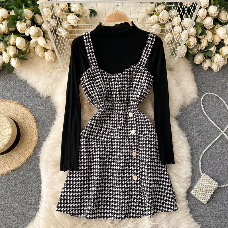 Mulheres Singreiny Houndstooth Strap vestido Outono inverno o pescoço manga comprida tops coreano casual botão vestido de duas peças 210419