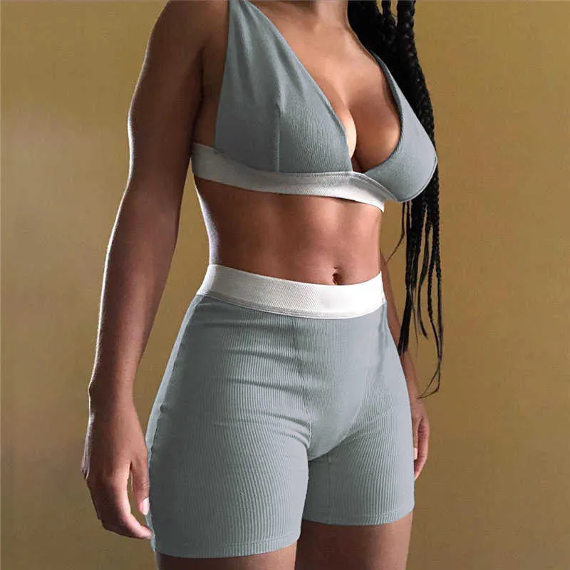 2 Teile/satz Sexy Frauen Ärmellose Strap Bh Bustiers Tank Weste Crop Tops Hohe Taille Shorts Hosen Hosen Trainingsanzug Sommer 2021 y0702