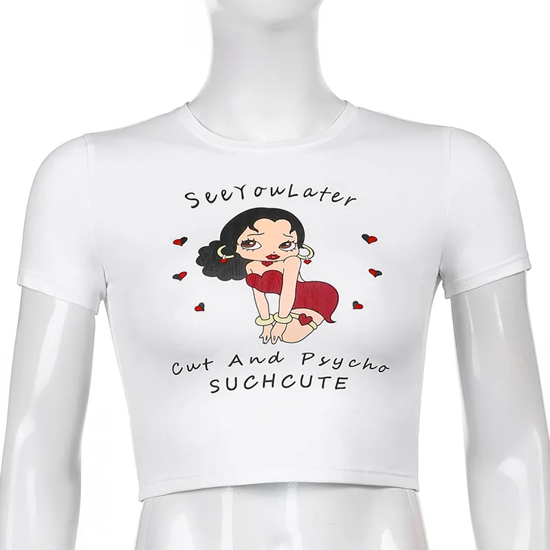 漫画印刷Y2Kクロップトップ女性夏原宿OネックTシャツ半袖韓国カワイイホワイトティーメス210510