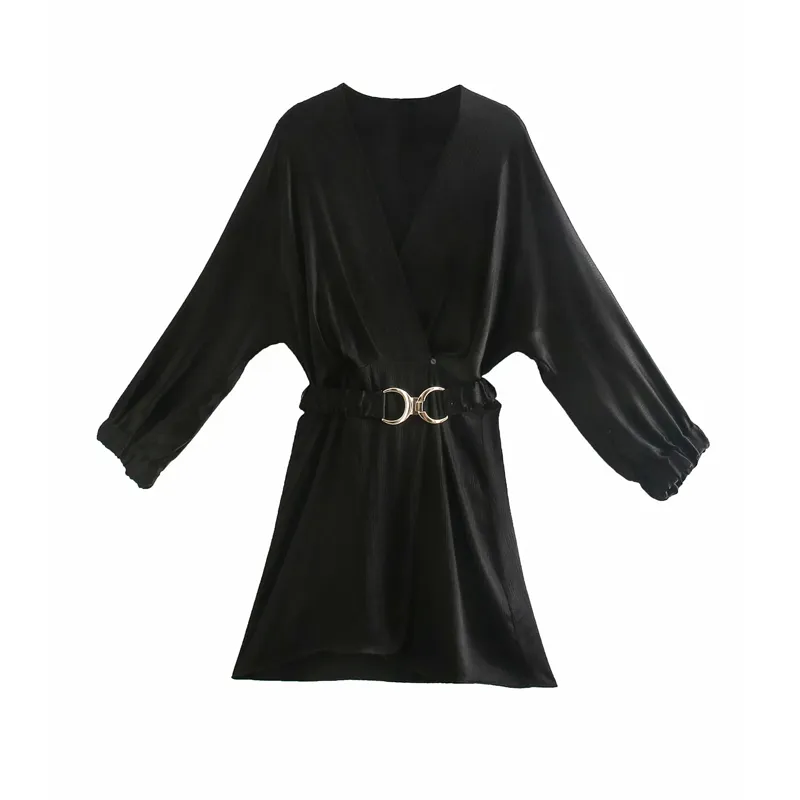 Zwarte vlek jurk vrouwen mode elastische riem wrap lange mouw mini vrouw officewar elegante vintage es 210519