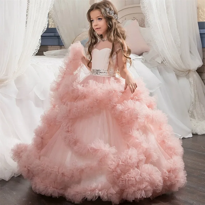 Pembe Mavi Kızlar Pageant Elbiseleri Katman Şampanya Çırpınlar Sevimli Çiçek Kız Elbiseler Spagetti Kayış Toddler Prom Elbise Dantel Balo Gown8756304