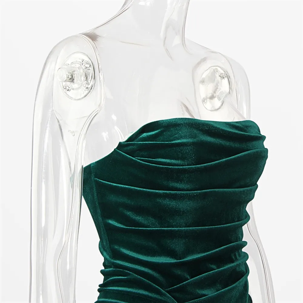Veludo Bodycon Dress Mulheres Partido Verde Drapeado New Chegadas Sem Altais Celebridade Noite Club 210422
