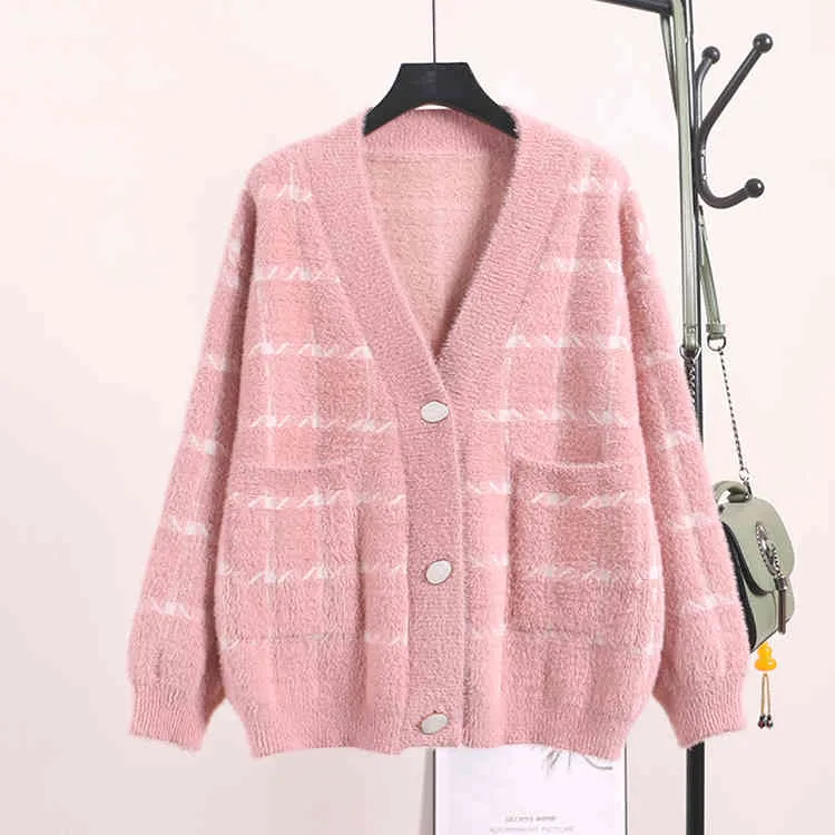 H.SA Women Winter and V neck Plaid Button Up Knit Cardigans Pink Sweater Faux Fur jacket Korean Coat 210417