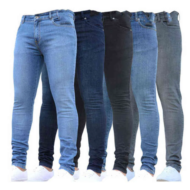 Pantaloni jeans da uomo slim fit elasticizzati a vita media pantaloni a matita in denim da uomo casual colore puro skinny jeans neri Pantalones Vaqueros 211104