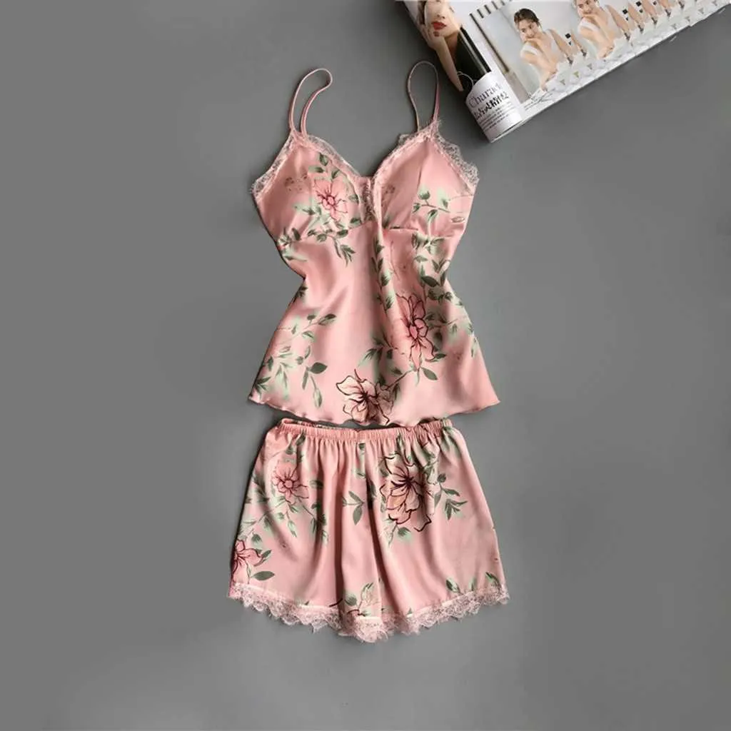 Sexy cetim seda pijama mulheres nightdress lingerie rouba pijama conjuntos de roupa interior sleepwear laço lingerie floral set q0706