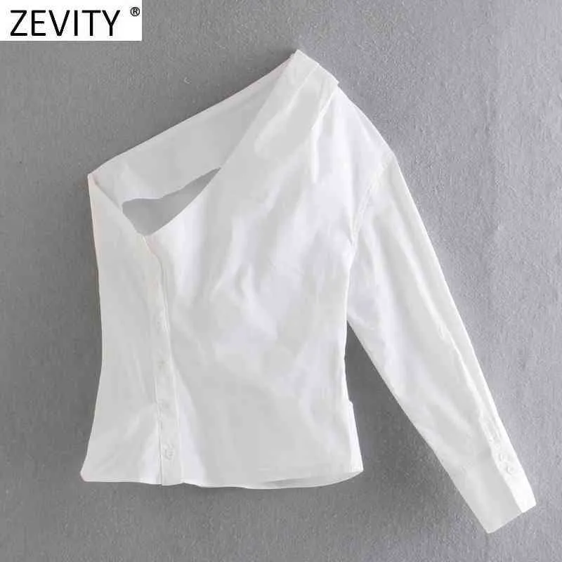 ZEVITY Femmes Mode Simple Épaule Blanc Asymétrique Smock Blouse Dames Dos Boutons Plissée Femininas Chemise Chic Tops LS9306 210419