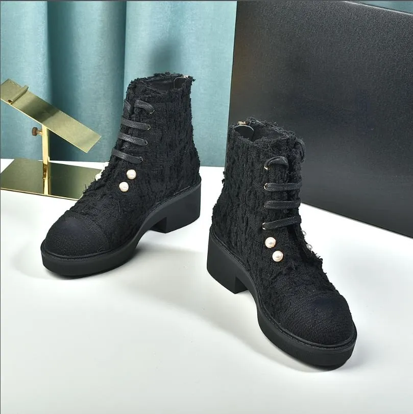 Diseñador de moda Pearl Ankie Boots Punto Estiramiento Negro Tela Escocesa Elegante Femenino Diseño Casual Zapatos Casuales