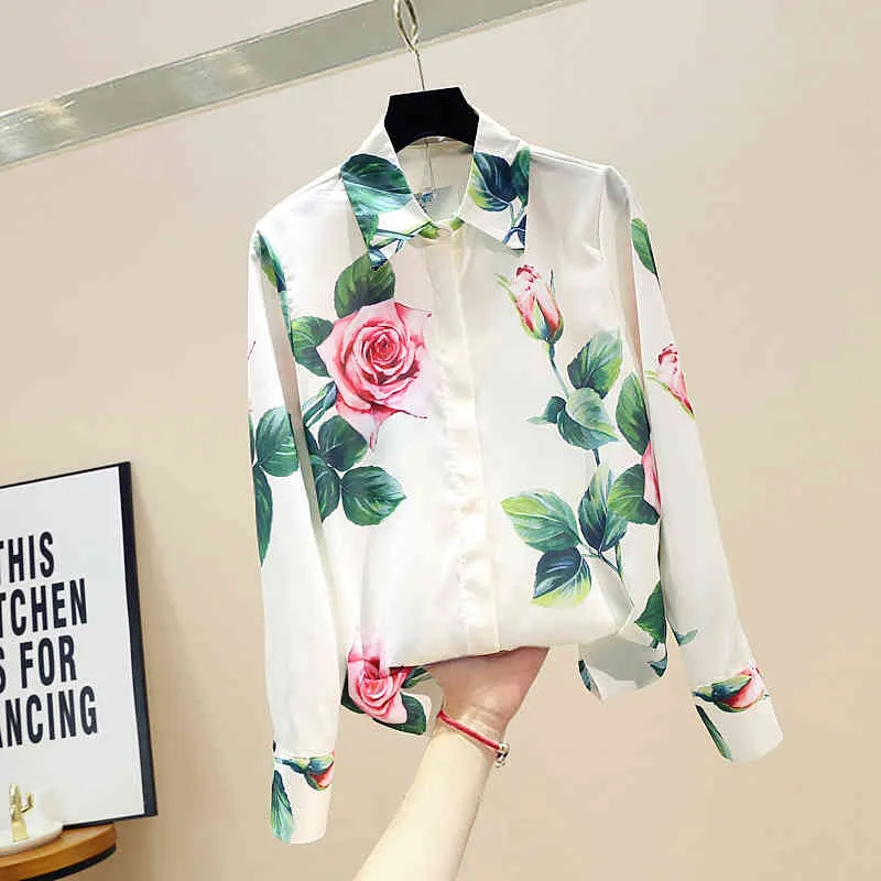 Spring Autumn Womens Longsleeved Shirt Rose Flower Shirt Fashion Allmatch Printed Tops Blouse Women GD587 210401