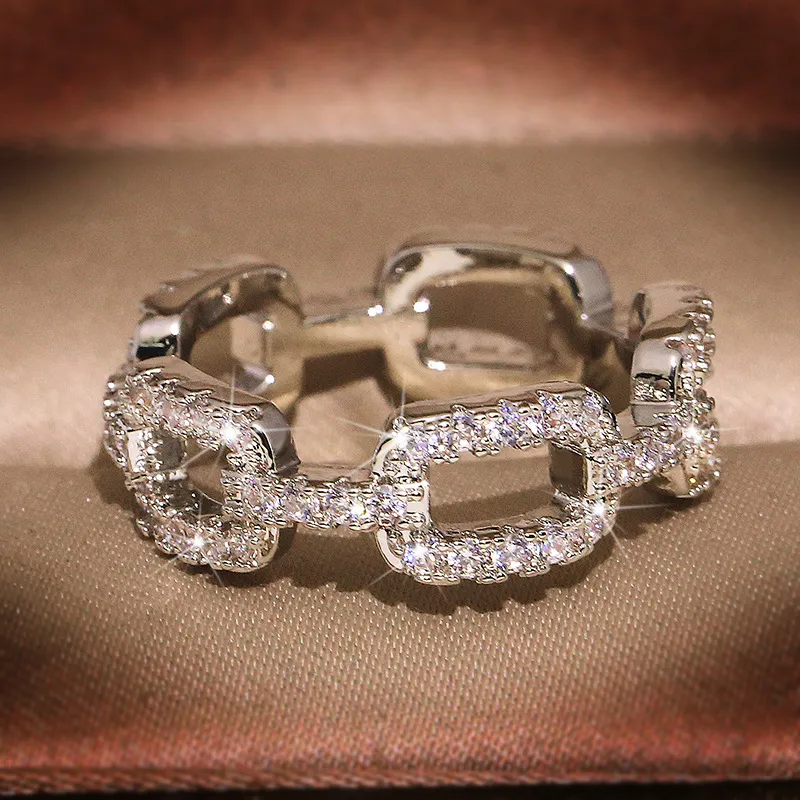 Mode Bröllop Smycken 100% 925 Sterling Silver Ringar Pave White Sapphire CZ Diamond Chain Women Luxury Band Finger Ring RA0996