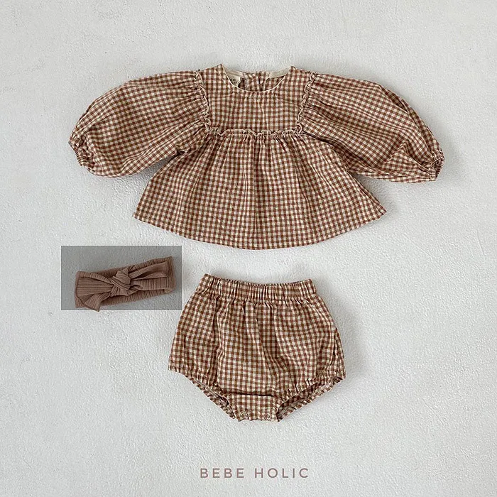Baby Boys e meninas xadrez de roupa conjunto Outono bebê manga comprida t camisa tops e shorts conjunto de roupas de bebê terno roupas crianças roupas 210413