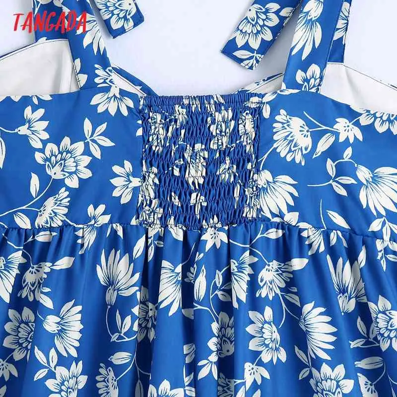 Sommermode Frauen Blaue Blumen Drucken Sommerkleid Ärmelloses rückenfreies weibliches beiläufiges langes Kleid CE237 210416