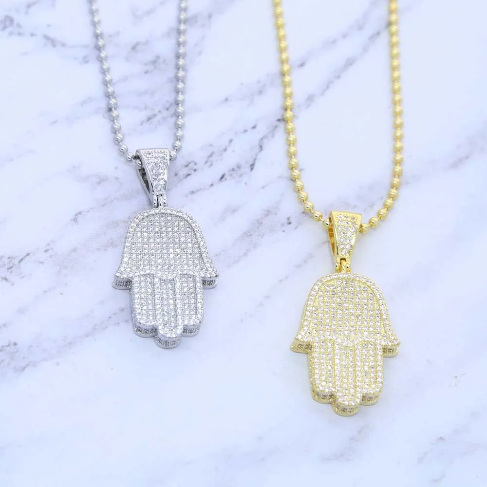 Boy Men Fatima Hamsa Hand Pendant Necklace Iced Out 5A Bling Cubic Zircon Thin Chain Hip Hop Gift Turkish Luck Jewelry255b