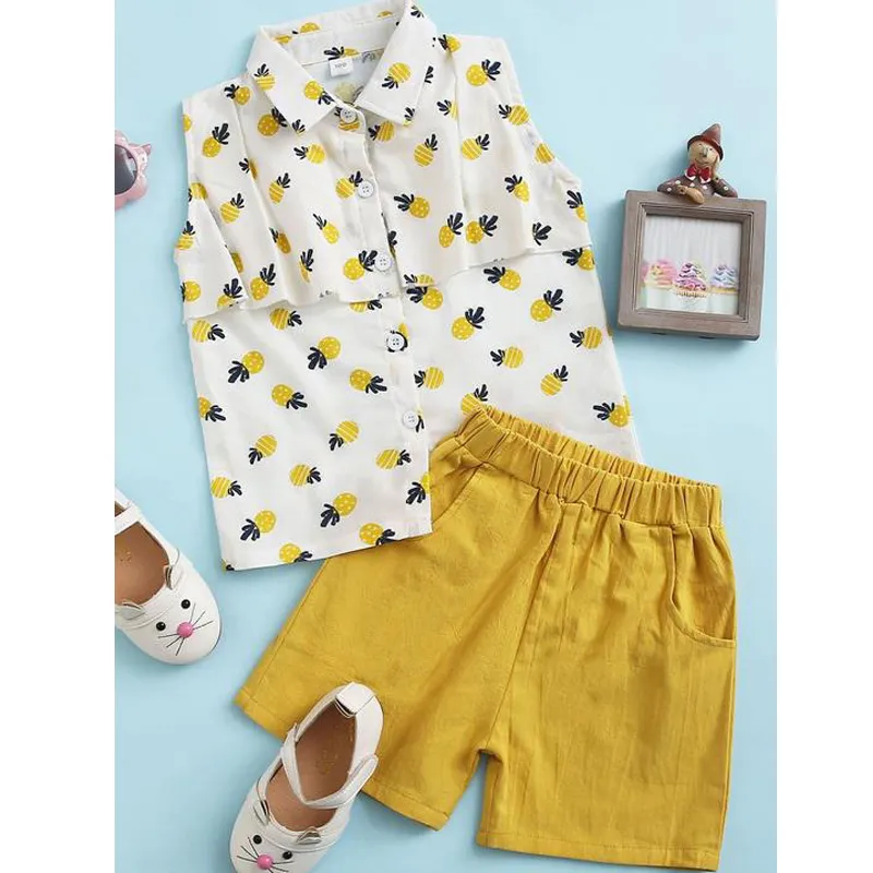 Summer Children's Suit Cartoon Pineapple Print Cotton Short-sleeved Shirt Shorts Two-piece Girl Clothes 210515