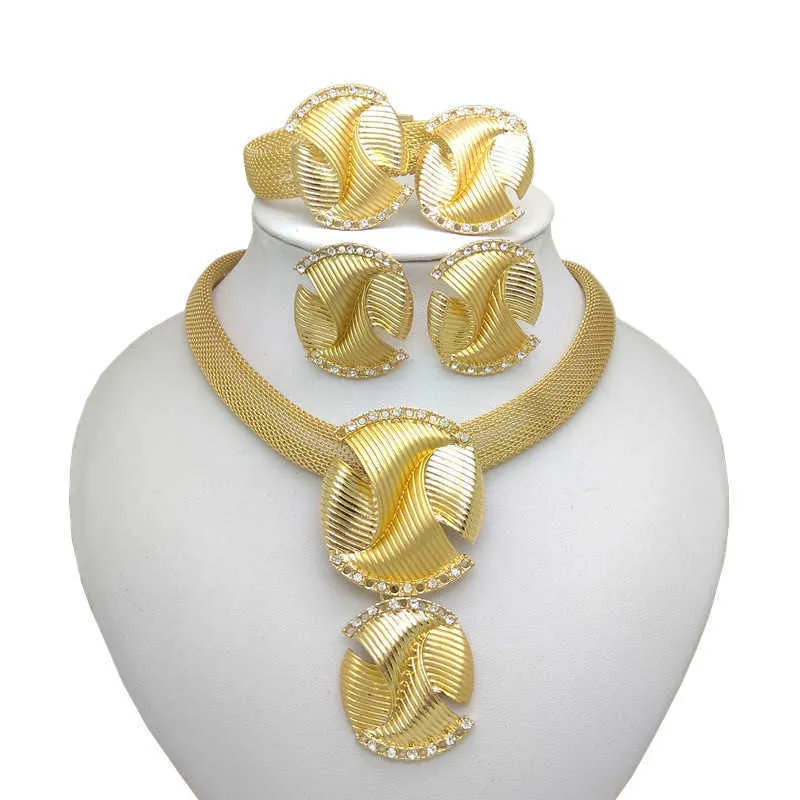 Königreich Ma Neue Mode Afrikanische Gold Farbe Braut Schmuck Sets Für Frau Halskette Ohrringe Ring Party Schmuck Geschenke H1022