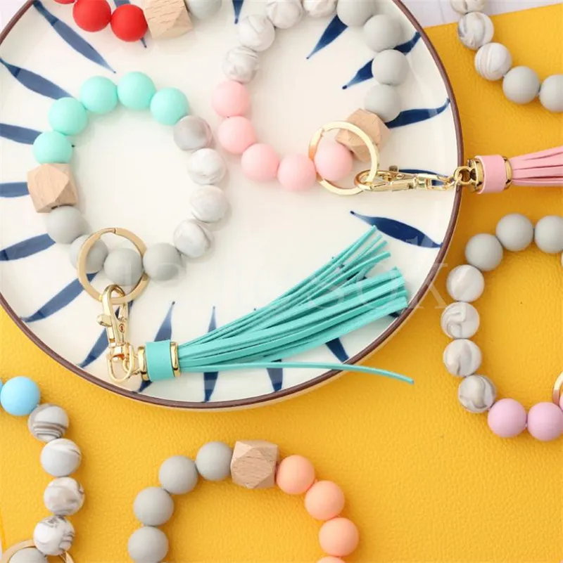 14 Style Wood Silica Gel Beaded Armband Keychain Loss Prevention Tassel Key Ring Pendant Pure Multicolor Valfritt DD532