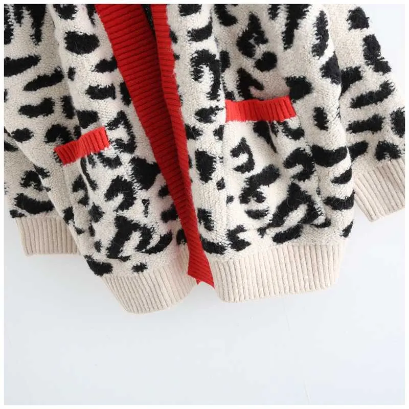 Öppna stygn leopard casual cardigan mode lång tröja och röd gul överdimensionerad stickad jacka ut kappa 211011
