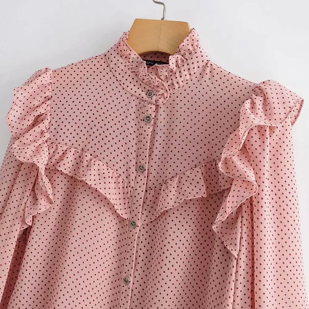 H.SA Femmes Rose Long Blouse et Sweet Chic Flare Manches Polka Dots Lâche Printemps Casual Tops 210417