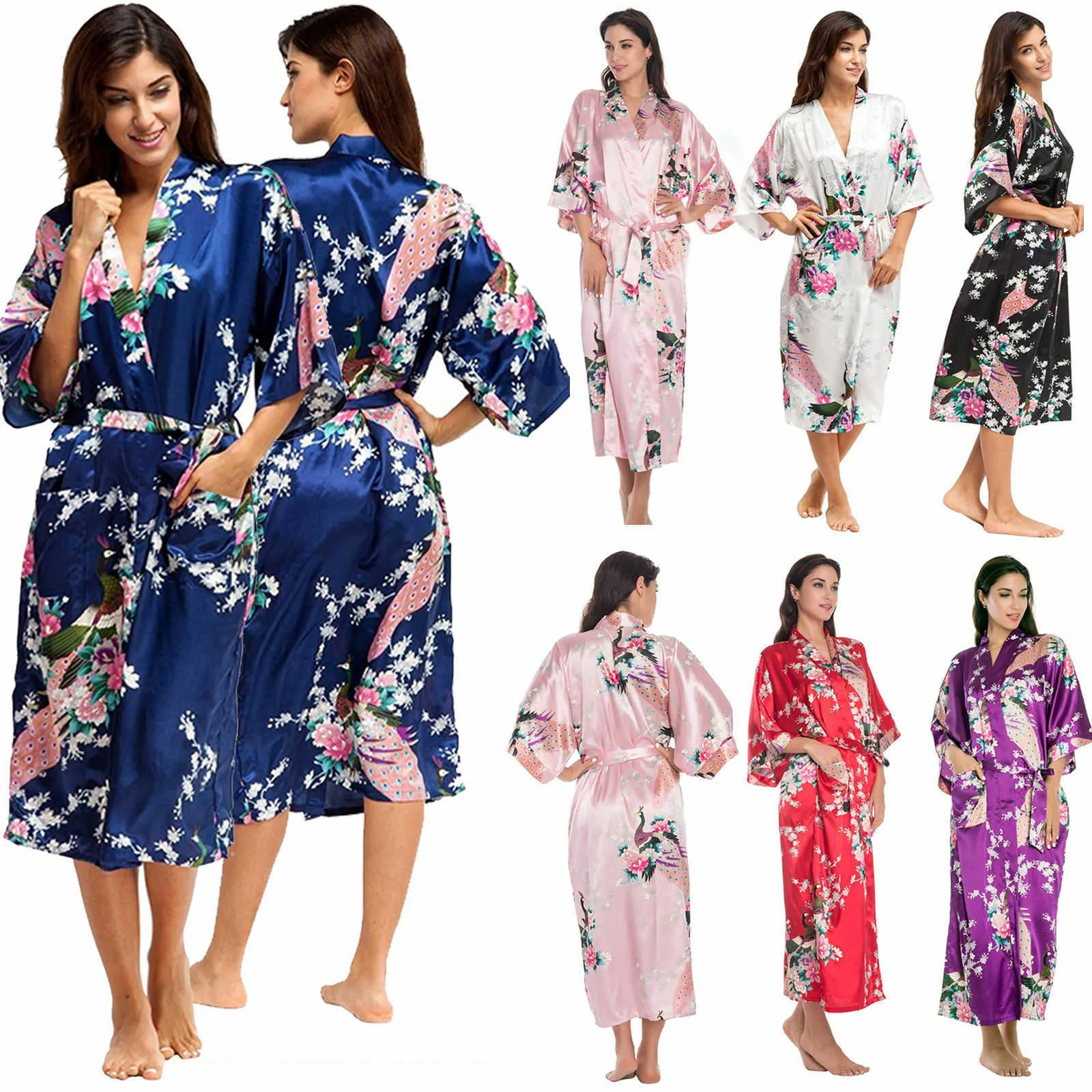Donne sexy in raso di seta lunghezza al ginocchio accappatoio pavone stampa floreale kimono pigiama cardigan con tasche 210924