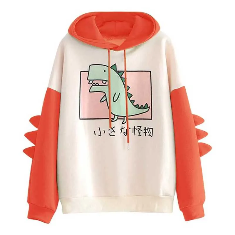 SONDR cute cartoon Fashion Women Sweatshirt Casual Print Long Sleeve Splice Dinosaur hoodies Sweatshirt Tops ropa mujer 210928