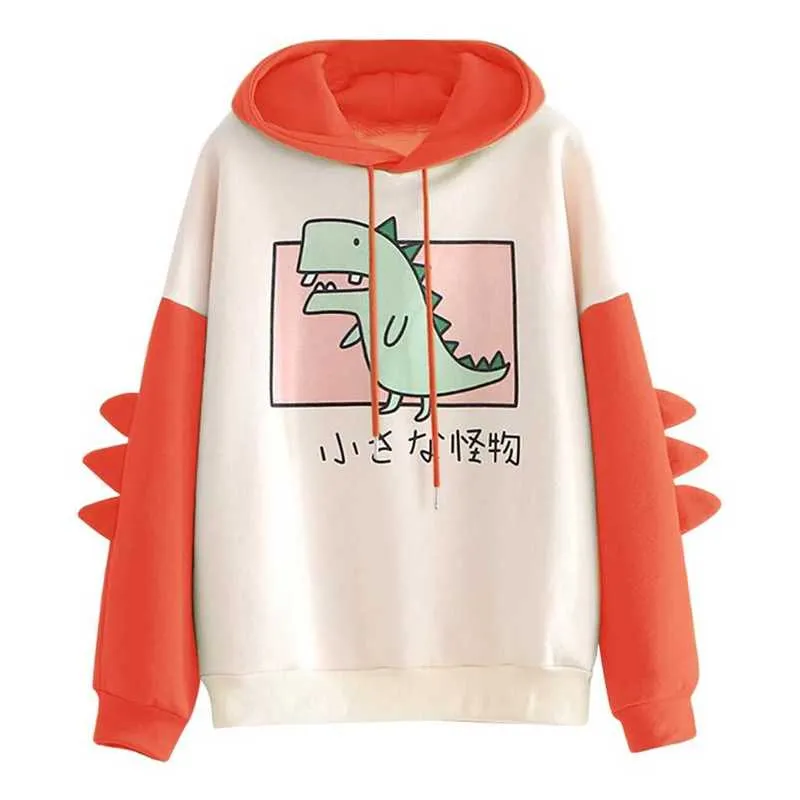 Sondr Gullig tecknad mode kvinnor Sweatshirt Casual Print Långärmad Splice Dinosaur Hoodies Sweatshirt Toppar Ropa Mujer 210928