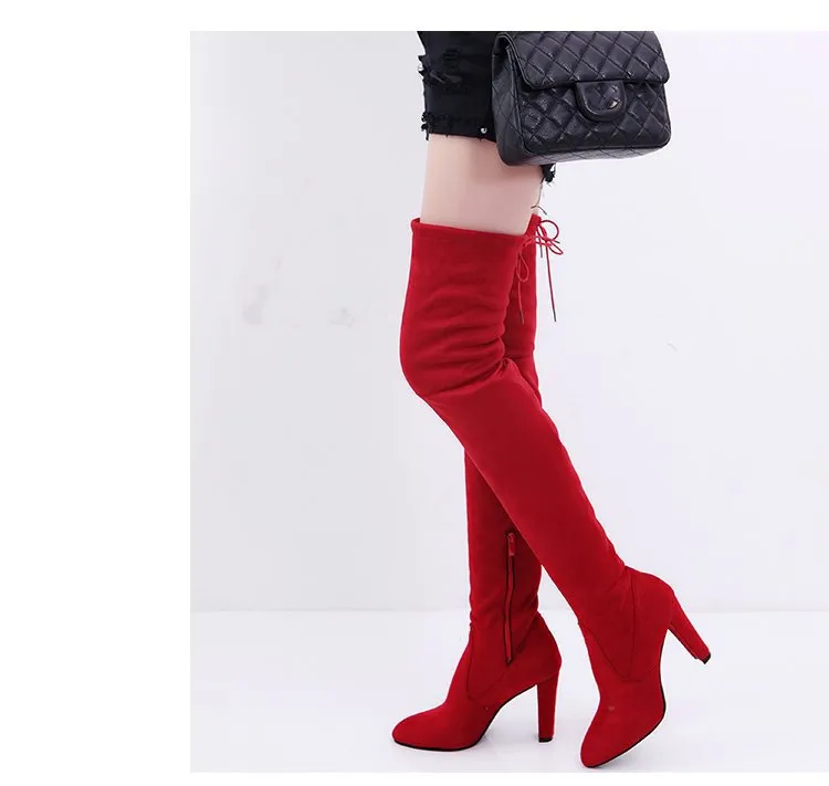 Мода женские бедра - высокие сапоги высокие каблуки на молнии тонкие ремни на колене длинные сапоги обувь