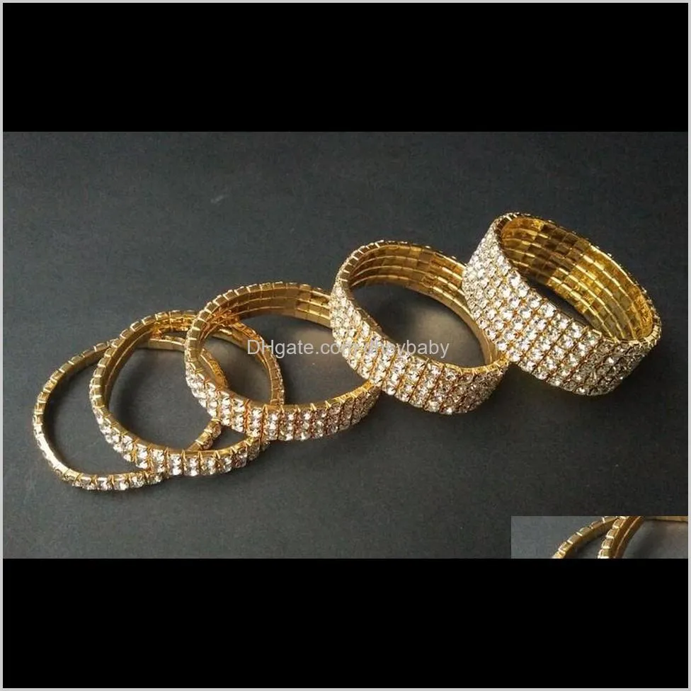 Armband 12 stycken parti 3 rad brud smycken elastisk kristall strass stretch guld armband armband hela bröllop acc281e