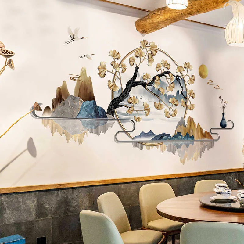 Stile cinese Pittura a inchiostro Paesaggio Adesivo da parete Ginkgo Tree Home Decor Art Vinile Adesivo Murale Living Room Decor Carta da parati 210705