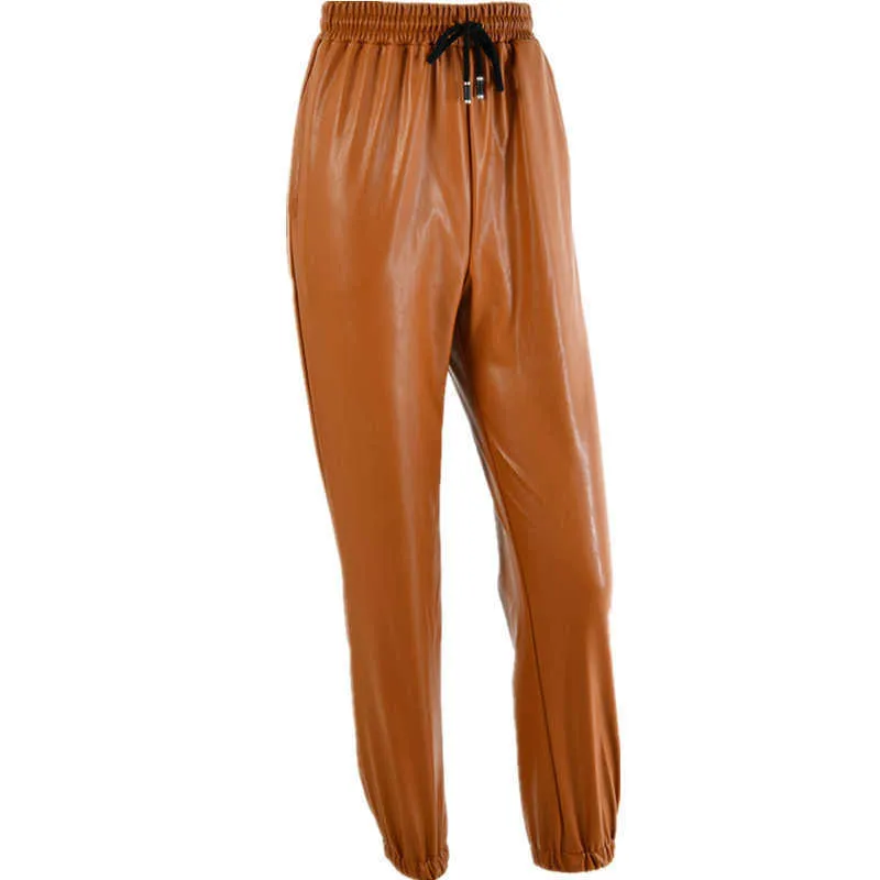 Pantaloni da donna Pantaloni Harem da donna in pelle PU Pantaloni casual a vita alta in ecopelle elastica Pantaloni larghi da ufficio streetwear X0629
