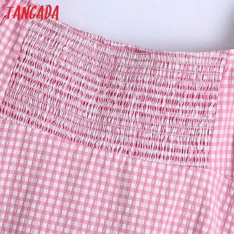 Tangada été femmes rose Plaid robe de plage col carré à manches courtes dames Mini robe Vestidos BE600 210609