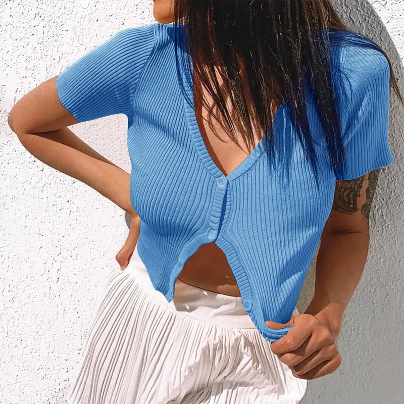 Maglia a coste Donna Crop Top Donna Sexy scollo a V Manica corta Solid Tie Button Estate T-shirt corta Casual Elastico Blu Ladies Tees 210507