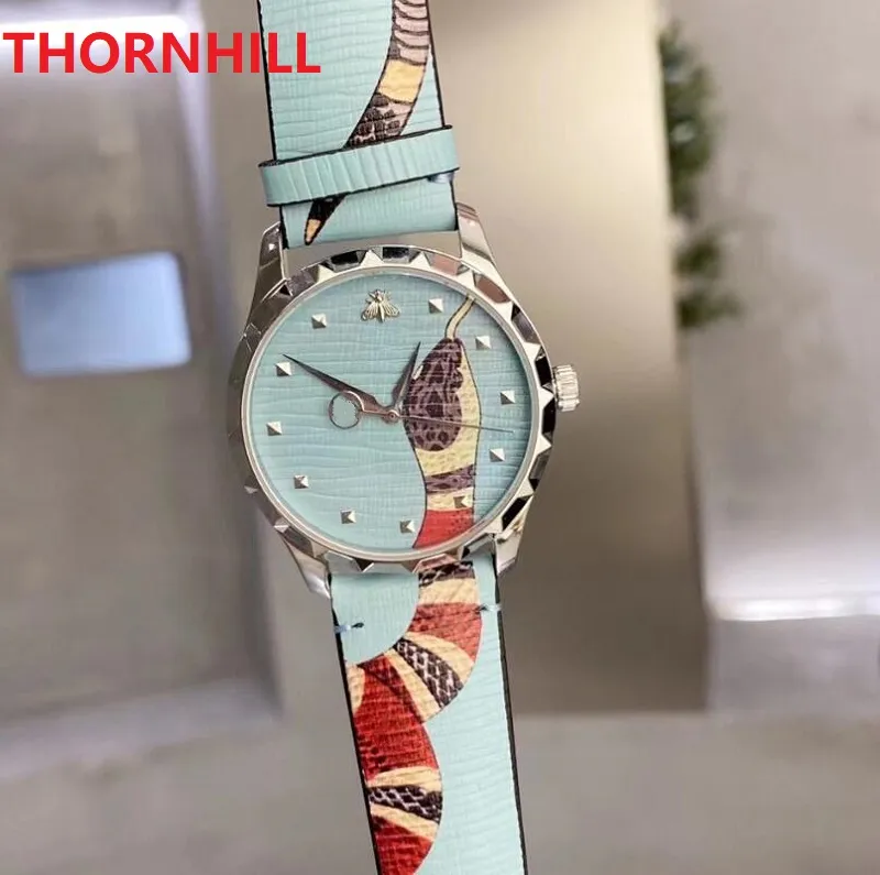 squisito cinturino in vera pelle genuina al quarzo orologi da donna da uomo 38mm moda ape serpente quadrante scheletrato orologio di design regali334S