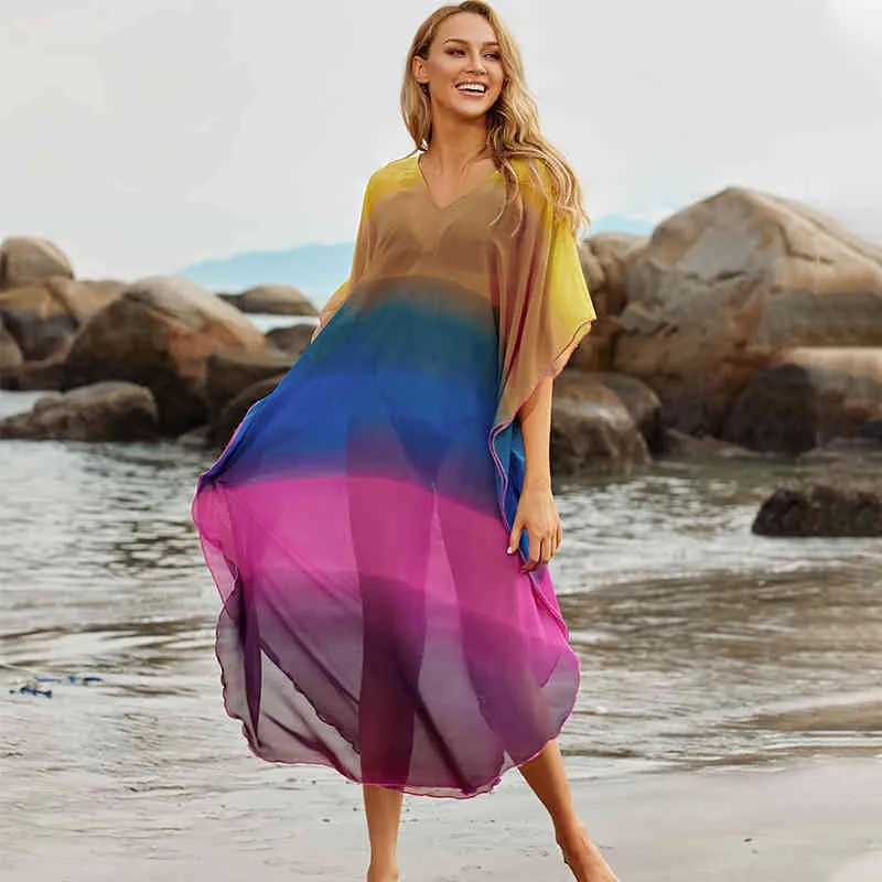 Bikini-Vertuschungen Boho V-Ausschnitt Sommer Strandkleid Tunika Frauen Plus Size Sexy Wear Badeanzug Cover Up Q1181 210420