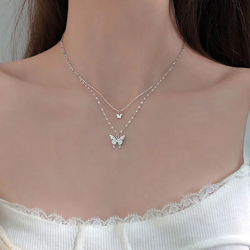 Collier papillon brillant en argent Sterling 925 pour femmes, délicat, Double couche, chaîne de clavicule, bijoux S-N173