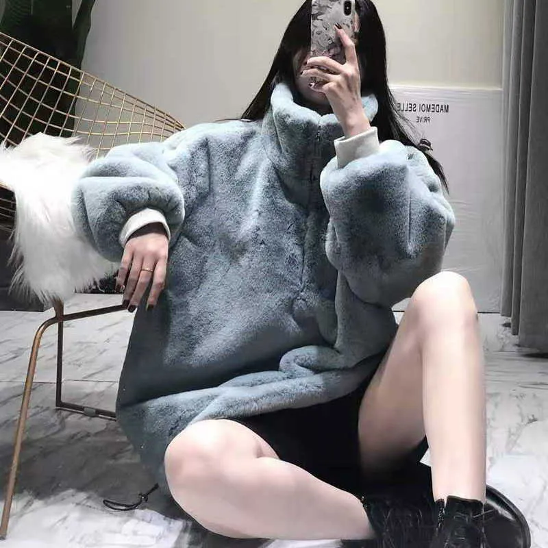 Turtleneck Furry Sweatshirt Women Winter Casual Plush Faux Fur Coat Vintage Thick Korean Zipper Keep Warm Hoodies Tops 210925