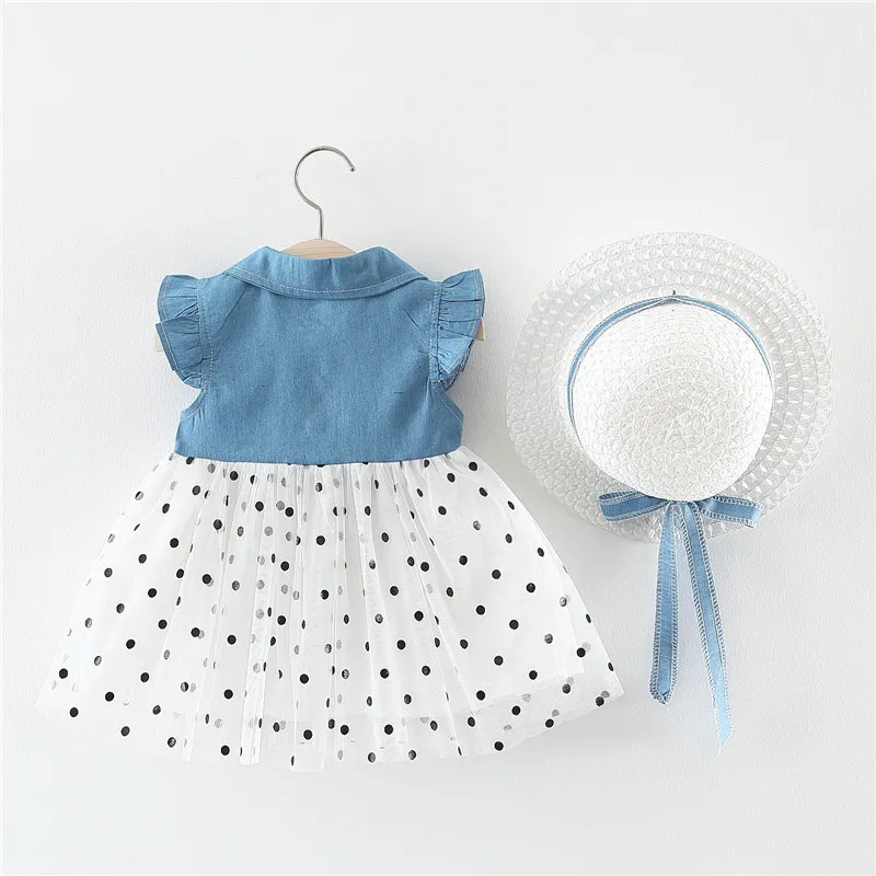 夏の赤ちゃんガールドレス幼児子供の服デニムネット糸飛んでいる帽子のスーツの幼児の服210515