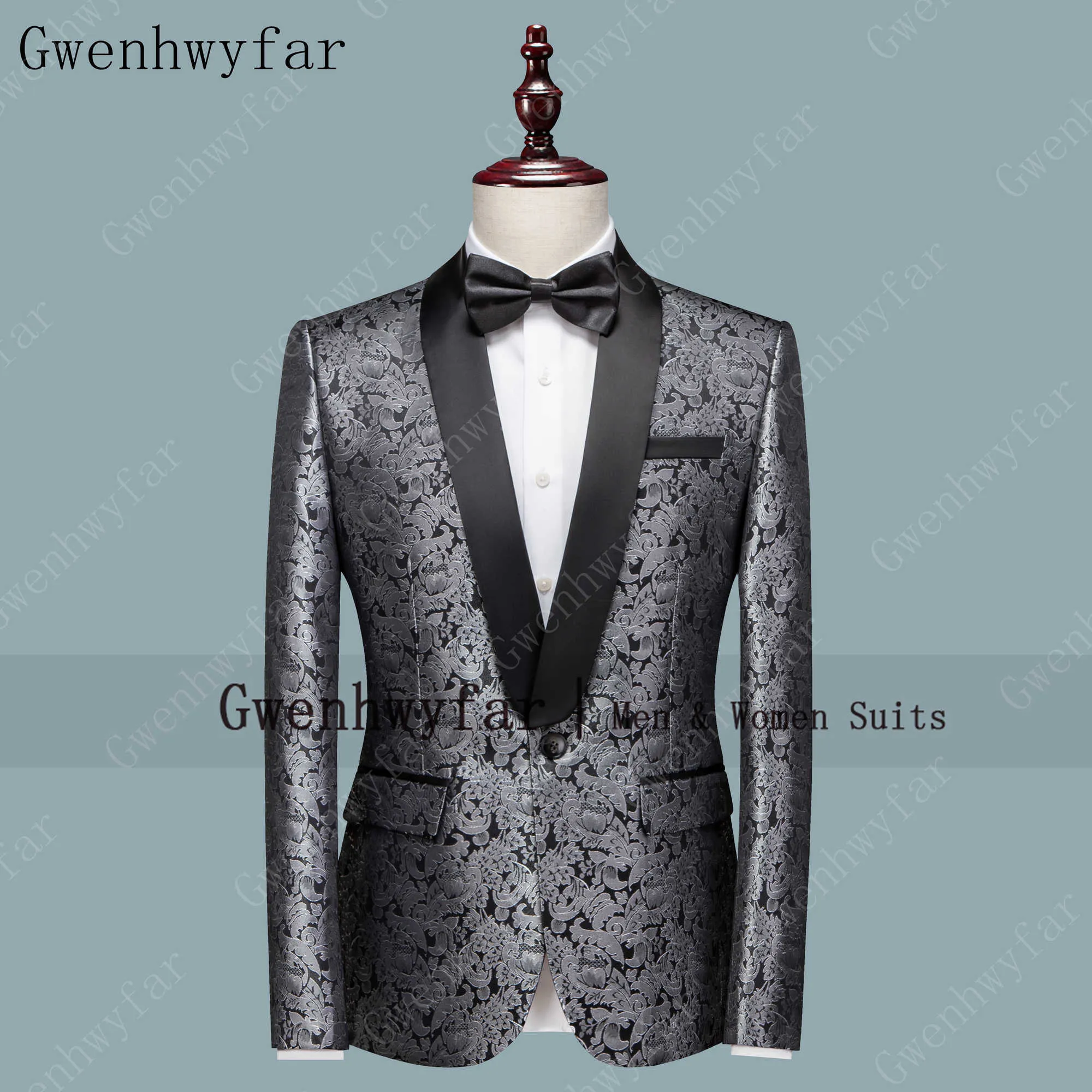 Gwenhwyfar ny 2 st set bröllop brudgummen sjal lapel jacquard tuxedo silver löv tryckta slim prom klänning kostym män blazer + byxor x0909