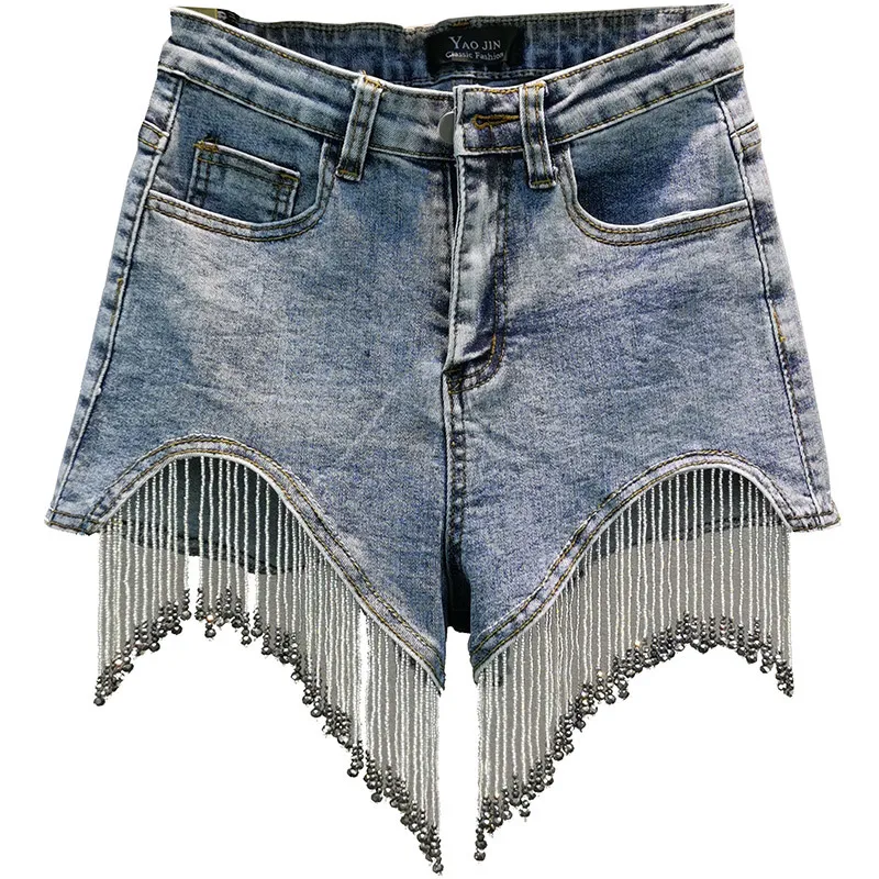Été Femmes Taille Haute Poches Strass Gland Mode Tendance Streetwear Bleu Denim Shorts Femme AY577 210427