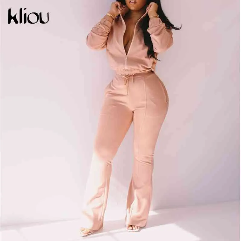 Kliou Solid Casual Two Piece Set Kvinnor Zipper Långärmad Top och Bandage Flare Byxor Matchande Set Spring Active Workout Outfits x0428