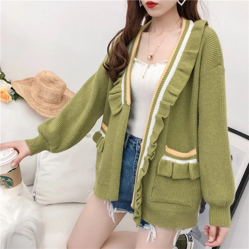 H.SA Mulheres Cardigans Winter Ruffles Casaco Jaqueta Casaco Lanterna Sleeve Camisola de Natal Poncho Kawaii Cardigan Mujer 210417