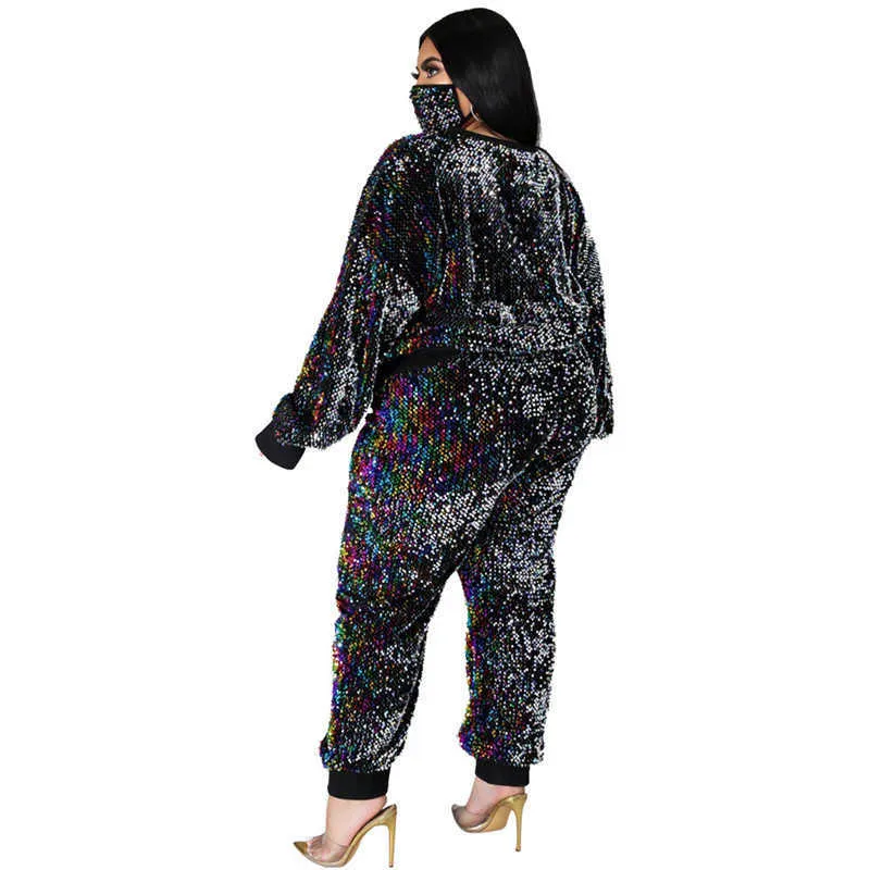 Kış Artı Boyutu S-5XL Giyim Kadınlar Için Iki Parçalı Set Sequins Doğum Günü Kıyafet Joggers Eşofman Toptan Bırak 210930