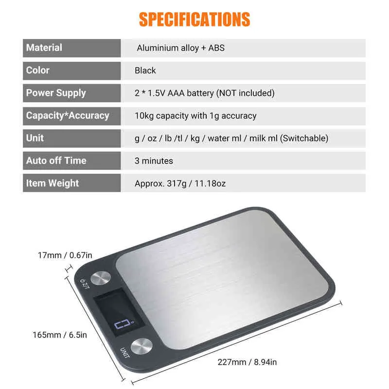 Báscula digital de aluminio de alta precisión con superficie impermeable Balanza electrónica de 10 kg/1 g Pantalla LCD con retroiluminación Balanza digital H1229 H12