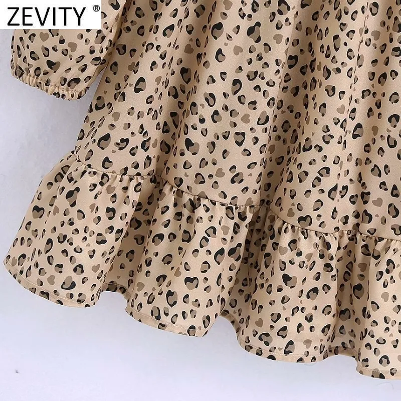 Kobiety Vintage V Neck Leopard Drukuj Hem Ruffles Mini Sukienka Femme Rękaw Puff Rękaw Pleat Vestido Chic Dresses DS5073 210420