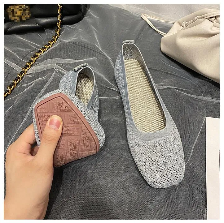 EOEODOIT Stretch Knit Fabric Shoes Hollow Fabric Ballet Flats Patchwork New Women Flat Heel Anti Skid Breathable Loafer Female