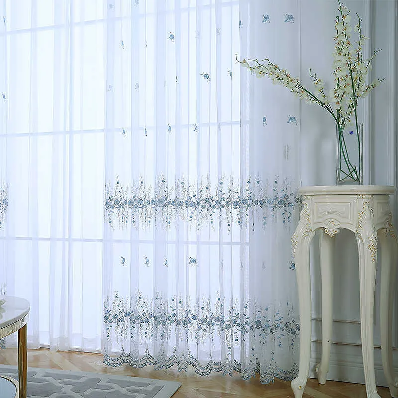 Weißer koreanischer bestickter Tüllvorhang für Wohnzimmer, blauer transparenter Vorhang für Schlafzimmer, Fenstervorhänge S121C 210712